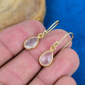 Natural Crystal Quartz Pear Shape Gemstone Drop Dangle Earring Handmade 18k Gold Micron Over 925 <b>Sterling</b> <b>Silver</b> - Product Image 3