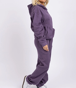 Ensemble de survêtement 2 pièces pour femme, violet, oversize, à épaules tombantes, en molleton uni, avec sweat à capuche et pantalon de jogging à revers côtelés, élégant - Product Image 4