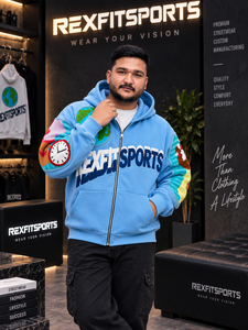 REXFITSPORTS 2026 <b>Men</b>’s Sky Blue Zip Up Streetwear Hoodie Custom Graphic Embroidery <b>Fleece</b> <b>Jacket</b> with Earth Patch Sleeve Design - Product Image 5
