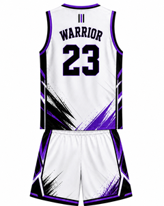 Conjunto de Camiseta y Pantalones Cortos de Baloncesto Premium Elite Squad en Blanco, Negro y Morado con Diseño Dinámico de Pinceladas para Competición - Product Image 2