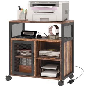 Soporte Móvil para Impresora de Estilo Industrial Rústico Marrón con Ruedas de Almacenamiento, Puertos de Carga USB y Enchufe para Escritorios de Computadora - Product Image 1