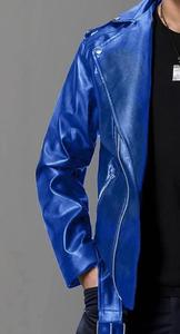 Veste moto en cuir PU bleu pour homme, coupe ajustée, fermeture éclair, col rabattu, couleur unie, vêtement d'automne - Product Image 3
