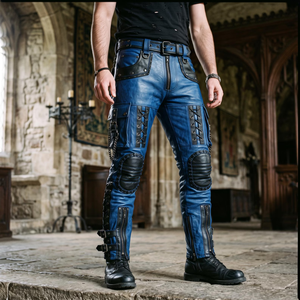 Pantalon moto en cuir bleu pour homme, taille haute, plusieurs poches, fermeture éclair, style motard, vêtements d'hiver - Product Image 4