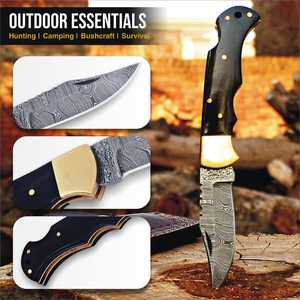 Cuchillo Plegable de Acero de Damasco en Oferta, Mango de Cuerno de Toro, Herramienta Táctica de Supervivencia para Camping y Caza - Product Image 2
