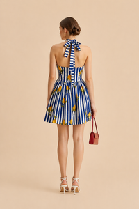 Blue <b>Lemon</b> <b>Print</b> Halter Neck Skater <b>Dress</b> With Tie On Neck Custom Cotton One Piece Fit & Flair Skater <b>Dress</b> With Two Side Pocket - Product Image 3