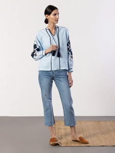 Blusa de Manga Corta con Cuello en V y Cordones Bordados de Estilo Bohemio Retro para Mujer, Blusa Informal y Elegante de Otoño, 100% Algodón - Product Image 1
