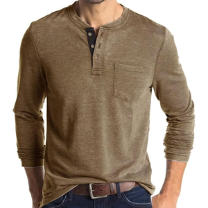 Camisa Henley de manga larga para hombre, camiseta informal de mezcla de algodón con bolsillo en el pecho, jersey básico con cuello con botones para otoño y todo el año - Product Image 2