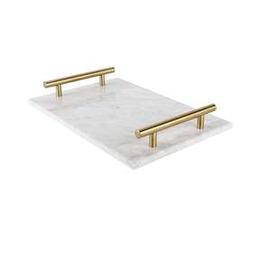 Plateau décoratif en marbre fait main avec poignées en métal doré, élégant organisateur de coiffeuse - Product Image 1