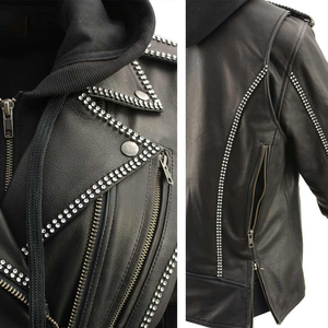 Veste de moto en cuir véritable pour femmes noires, à capuche, avec rivets, fermeture éclair, plusieurs poches zippées - Product Image 5