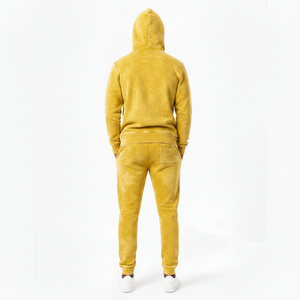 Ensemble survêtement homme jaune moutarde délavé avec logo personnalisé, sweat à capuche et pantalon de jogging en molleton épais, style streetwear, service OEM - Product Image 2