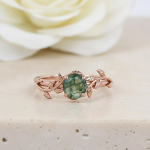 Bague en Agate Mousse Naturelle en Gros, Plaqué Or Rose Argent Sterling 925, Bijou de Fiançailles, Mariage ou Promesse pour Femme - Product Image 1