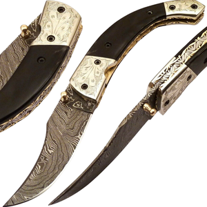 Navaja de bolsillo plegable de acero de Damasco hecha a mano con mango negro, empeines plateados con grabado floral y hoja curva con patrón, cuchillo EDC - Product Image 1
