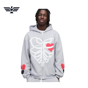 Men's Grey Anti-Pilling Polyester/Cotton <b>Zip</b> <b>up</b> <b>Hoodie</b> with <b>Skeleton</b> Ribcage and Broken Heart Print Streetwear Sweatshirt - Product Image 1