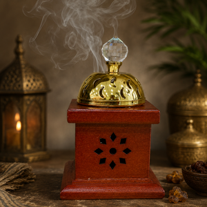 Brûleur à Oud en laiton doré avec calligraphie arabe sur base en bois, brûleur à Bakhoor arabe, cadeau de luxe pour le Ramadan et l'Aïd, décoration du Moyen-Orient - Product Image 3