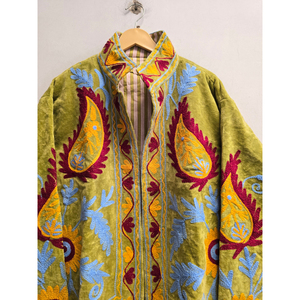 Chaqueta de terciopelo verde con cremallera para mujer, con bordado floral de Paisley, abrigo de otoño de diseño vintage bohemio Prairie Chic - Product Image 5
