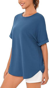 เสื้อยืดคอกลมแขนสั้นสีน้ำเงินสำหรับผู้หญิง พิมพ์ลายโลโก้ตามสั่ง ตกแต่งสวยงาม แฟชั่นฤดูร้อน สไตล์ลำลอง ผ้าแคนวาสสีพื้น - Product Image 3