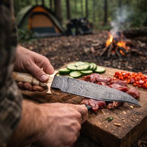 Handmade Camping Bowie <b>Knife</b> with Damascus Steel Clip Point Blade Straight Edge <b>Bone</b> <b>Handle</b> and Leather Sheath - Product Image 6