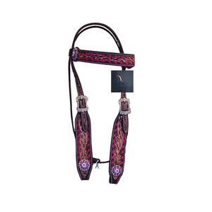 Western Horse Headstall & Breast Collar Set Dark Brown Hand Tooled Leather <b>Pink</b> Inlay Crystal Concho Tack - Product Image 2