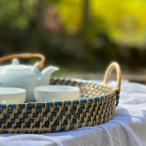 Hot Selling Round Rattan Serving Tray Blue Circular Design Eco Friendly Rattan Material Display <b>Basket</b> Wholesale - Product Image 3