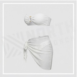 <b>White</b> 2 Piece <b>Bikini</b> <b>Set</b> Bandeau Top With Ring Detail Tie Side Bottom Solid Color Stretch Knitted Women's Swimwear - Product Image 3