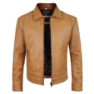 Men's Tan Genuine Leather Eco-friendly Quilted <b>Slim</b> <b>Fit</b> Stand Collar Zipper Closure HIGH STREET Winter Outerwear - Product Image 2