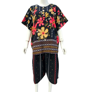 Ensemble de détente d'été pour femme, motif floral, manches courtes, col rond, 100 % coton, pantalon longueur genou, coupe ample, imprimé nœud, tenue décontractée - Product Image 3