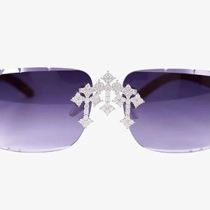 Iced Out Rimless Crystal Sunglasses <b>Wood</b> <b>Temple</b> Unisex Fashion Eyewear for Party Casual Luxury Shades - Product Image 3