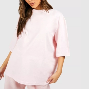 Camiseta Rosa Oversize para Mujer, Manga Corta, Cuello Redondo, Corte Holgado, Color Sólido, Transpirable, con Logotipo, Tejido Jersey, para Todas las Temporadas, Estilo Casual - Product Image 3