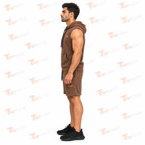 <b>Men's</b> Brown Acid Wash Sleeveless <b>Hoodie</b> <b>and</b> <b>Shorts</b> <b>Set</b> Summer Cotton French Terry Streetwear Outfit <b>Hoodie</b> Summer <b>set</b> - Product Image 5