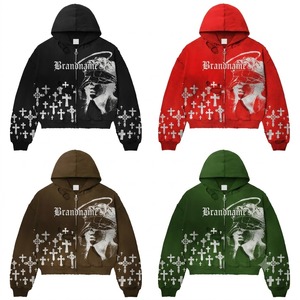 Sudadera con Capucha Personalizada para Hombre, de Algodón Grueso, con Parches, Efecto Desgastado por el Sol, con Cremallera, Estampado Serigrafiado, Lavado Ácido y Efecto Desgastado - Product Image 1