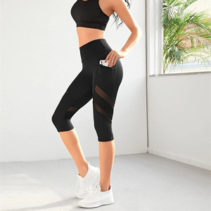 Women's <b>Black</b> Seamless Capri Yoga Pants High Elastic <b>Cropped</b> <b>Leggings</b> Mesh Panels Waist Pocket Casual Fitness Sport Wholesale - Product Image 6