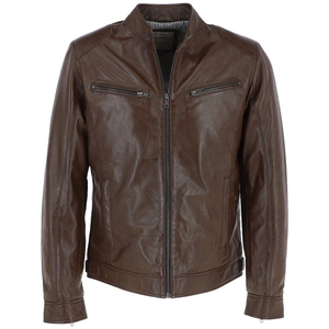Men's Brown PU Leather Moto Jacket Slim Fit Stand Collar Zipper Closure Regular Sleeve Autumn Style - Product Image 1