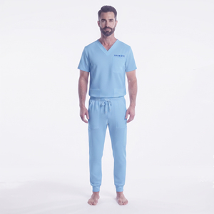 ชุดสครับสีฟ้าอ่อนสำหรับผู้ชาย ผ้าฝ้ายผสมโพลีเอสเตอร์ ชุดยูนิฟอร์มโรงพยาบาลแบบถัก กางเกงสครับ เสื้อคอวี ระบายอากาศได้ดี สวมใส่สบาย เหมาะสำหรับทำงาน - Product Image 5