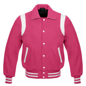 Chaquetas Bomber Varsity de Béisbol Color Rosa Intenso con Cuello y Mangas de Lana - Product Image 1