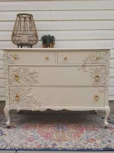 Luxury Handcrafted Solid Wood 4 Drawer Dresser Ornate Bird Floral Vine Relief Carving Beige Finish - Product Image 1