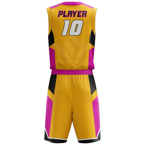 Ensemble de maillot de basket-ball personnalisé imprimé jaune rose noir respirant, col en V, sans manches, sublimé, uniforme d'équipe adulte avec short - Product Image 2