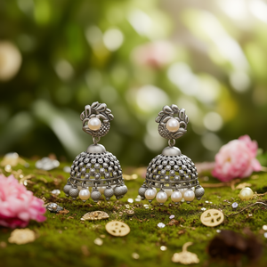 Silver Matte Chandelier Drop Earrings with Pearl-Ethnic Religious Classic Style for Party - Product Image 3