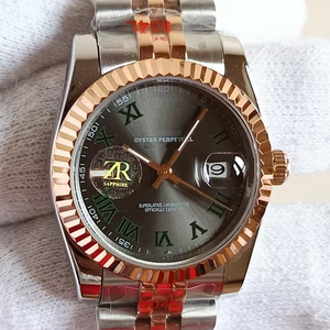 Reloj de Lujo Mecánico Vintage de 36 mm, Estilo Hip Hop, Dos Tonos, Acero Inoxidable, Esfera de Pizarra, Números Romanos Verdes, Bisel Acordonado en Oro Rosa - Product Image 1