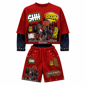 Premium Custom Printed Men's Summer Oversized Graphic Patch Suit Set Layered Long Sleeve <b>Studded</b> Streetwear Fleece Two Piece - Product Image 1