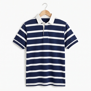เสื้อเชิ้ตแขนสั้นผู้ชายลายทาง ระบายอากาศได้ดี ปักลาย 100% ผ้าฝ้ายถัก สวมใส่สบาย รับทำโลโก้ตามสั่ง - Product Image 1