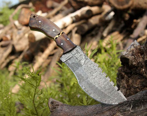 Couteau de chasse Tracker en acier Damas fait main, neuf, avec manche en bois et cor de cerf, lame pleine longueur de 6 pouces, couteau de camping - Product Image 1