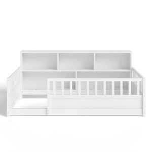 Letto singolo in legno bianco per bambini con sponda a recinzione e contenitore laterale, funzione decorativa - Product Image 6