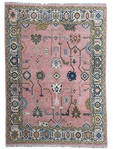 Traditional Hand Knotted Wool Oushak Area Rug Geometric Floral Persian Style Eco Friendly Pet Friendly Cushioned Pink Blue - Product Image 1