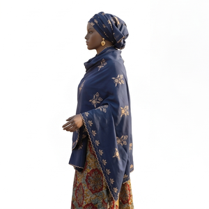 Châle en coton bleu pour femme, broderie florale africaine, strass, léger, respirant, écharpe ethnique, usage quotidien, hijab, élégant - Product Image 4