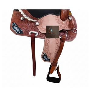 Western Brown <b>Leather</b> Floral Hand <b>Tooled</b> Designed Multi Crystals Barrel Racing Horse Saddle Black Suede Seat 10" to 18 Inch - Product Image 2