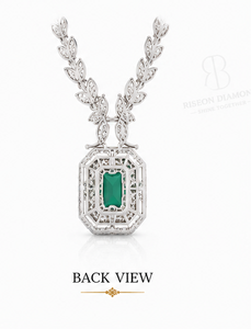 Elegant <b>necklace</b> in 18K white gold with emerald cut green gemstone floral leaf design surrounded by brilliant lab grown diamonds - Product Image 6