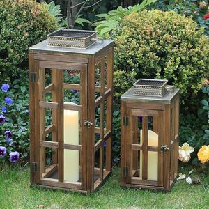 Outdoor Wooden <b>Lantern</b> <b>Set</b> Decorative Candle Holder <b>Lantern</b> with Glass Panels Rustic Garden and Patio Decor - Product Image 6