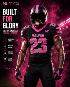 Camiseta de Fútbol Americano Personalizada de Malvan Enterprises, Unisex, Negra y Rosa, Cuello en V, Absorbe la Humedad, Transpirable, Costuras Resistentes - Product Image 1