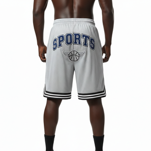 Shorts de bain en maille polyester premium gris, noir, blanc, avec empiècements rayés, logo personnalisé imprimé, respirants, pour homme. - Product Image 5