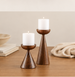 Handmade Modern Wooden Pillar <b>Candle</b> Holder <b>Set</b> Of 2 Minimalist Mango Wood Candlestick Stand For Table Centerpiece Decoration - Product Image 2